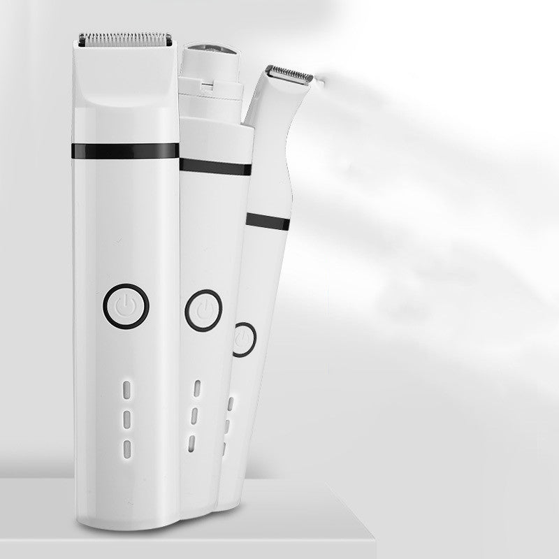Three interchangeable heads for the Quiet Body Shaver: wide clipper blade, nail grinder and narrow paw trimmer