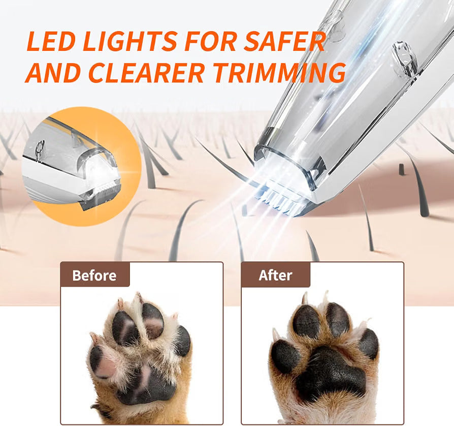 A dog paw before trimming, with fur covering the pads, and after, with the pads clear
